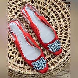 ZARA  Women BEJEWELLED SATIN Orange Slingback Size 37
